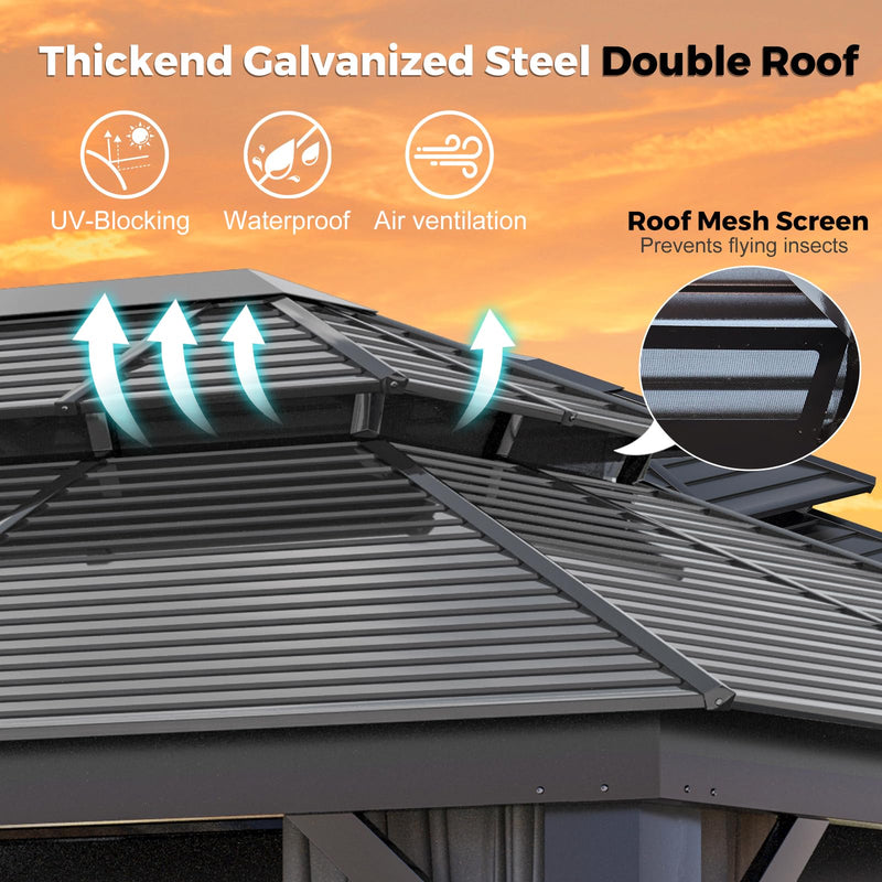 WELYAS Aluminum Hardtop Gazebo 10' X 12' Heavy Duty All Weather Black Gazebos with Galvanized Steel Double Metal Roof for Garden Patio Deck Backyard, Curtains and Netting Included