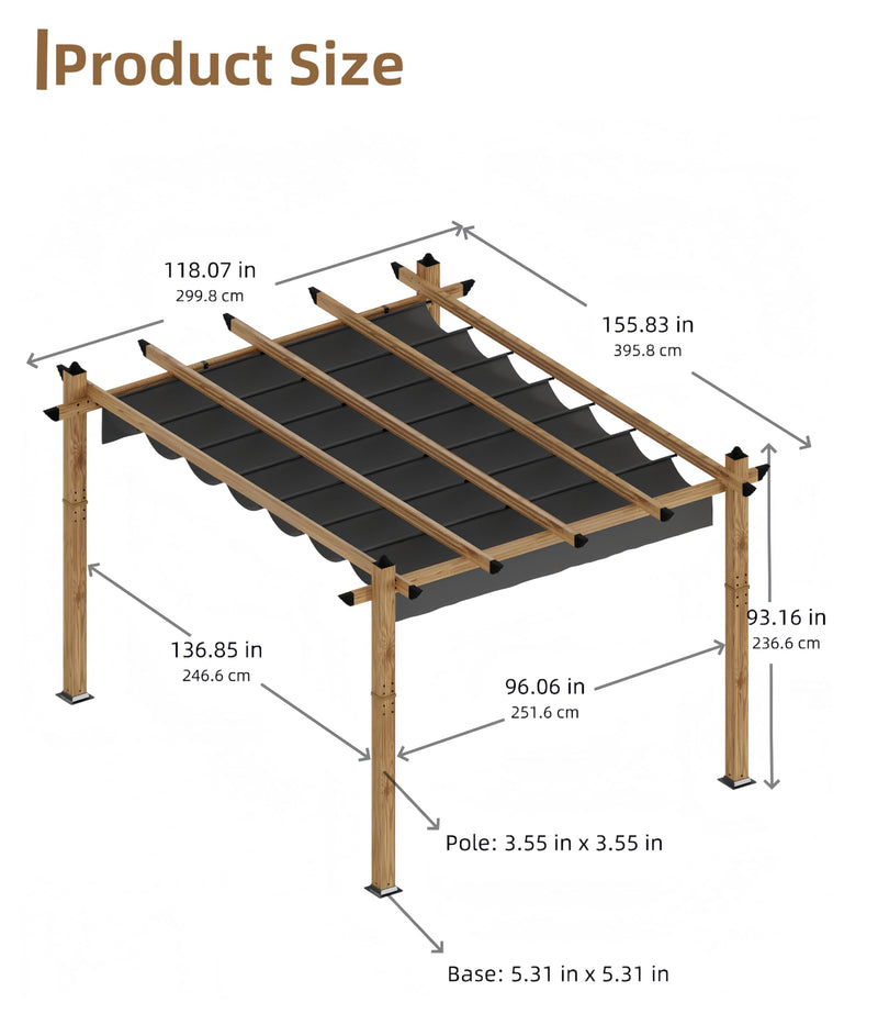 10' X 13' Outdoor Pergola with Retractable Canopy Aluminum Pergola Faux Wood Metal Pergolas Gazebo for Backyard, Deck, Patio, Garden Porch Beach Sun Shade Pavilion Grape Trellis Grill, Gray