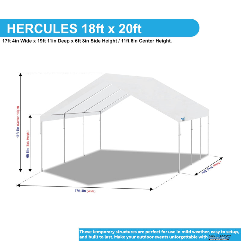 King Canopy Hercules 18-Feet by 20-Feet, 2-Inch Hammertone Steel Frame w/Buttons, 8-Leg, Carport, White