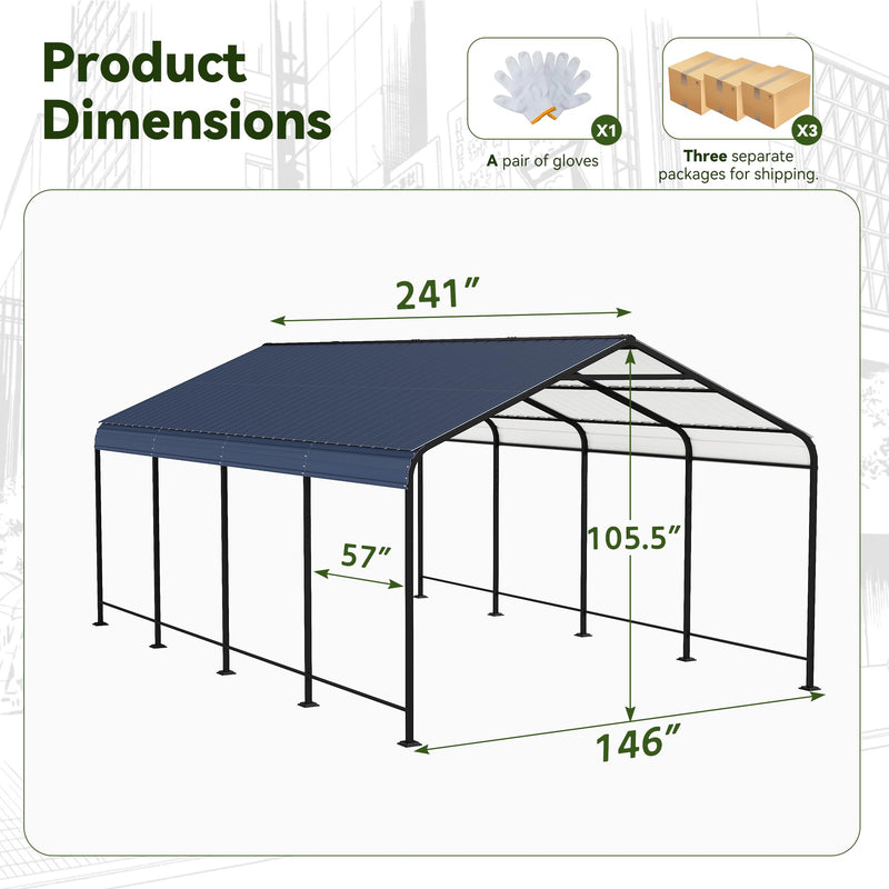 GRAVFORCE 12x20 FT Metal Carport, Heavy Duty Carports Canopy with Galvanized Steel Frame and Roof, Outdoor Garage Car Shed for Pickup, Boat, Cars and Tractors