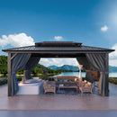 HOTEEL 10x15 Hardtop Gazebo with Flame-Retardant Curtain & Netting, Hot Tub Gazebo with Galvanized Steel Double Roof, Heavy Duty Permanent Pavilion Outdoor for Patio, Frame Thickened (Upgraded 3.0)