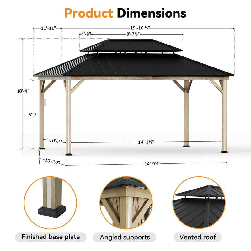 Modern Shade Hardtop Gazebo 12' x 16' with 4 LED Lights, Outdoor Gazebo with Double Roof, Aluminum Frame, Patio Pavilion with USB Charging Port Deck, Mosquito Netting and Curtains, Wood Looking