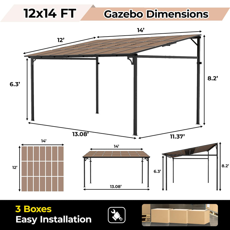 12’ x 14’ Gazebo, Outdoor Pergolas and Gazebos on Clearance, Hard Top Lean to Gazebo with Metal Frame, Pergola Wall Mounted Pergola with Sloped Roof for Patio, Decks, Backyard