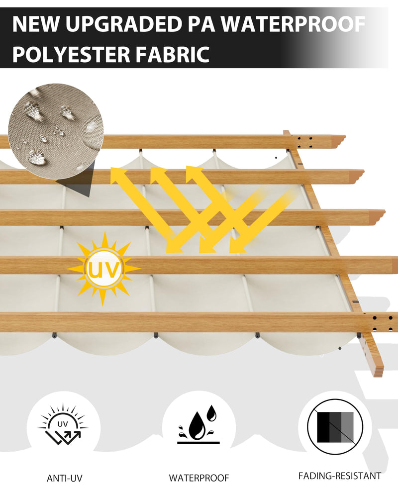 Garvee 10x10 Ft Outdoor Retractable Pergola with Canopy and Side Mesh Screen, Upgraded Wood-Grain Post Aluminum Pergola, Modern Pavilion for Backyard, Patio, Porch, Grape Trellis, Beige+White