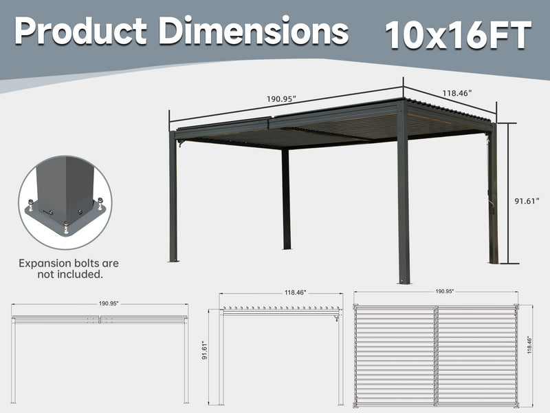 Domi 10' x 16' Louvered Pergola Outdoor Aluminum Pergola with Adjustable Roof, Aluminum Frame, Efficient Drainage System for Patio, Deck, Garden (Gray)