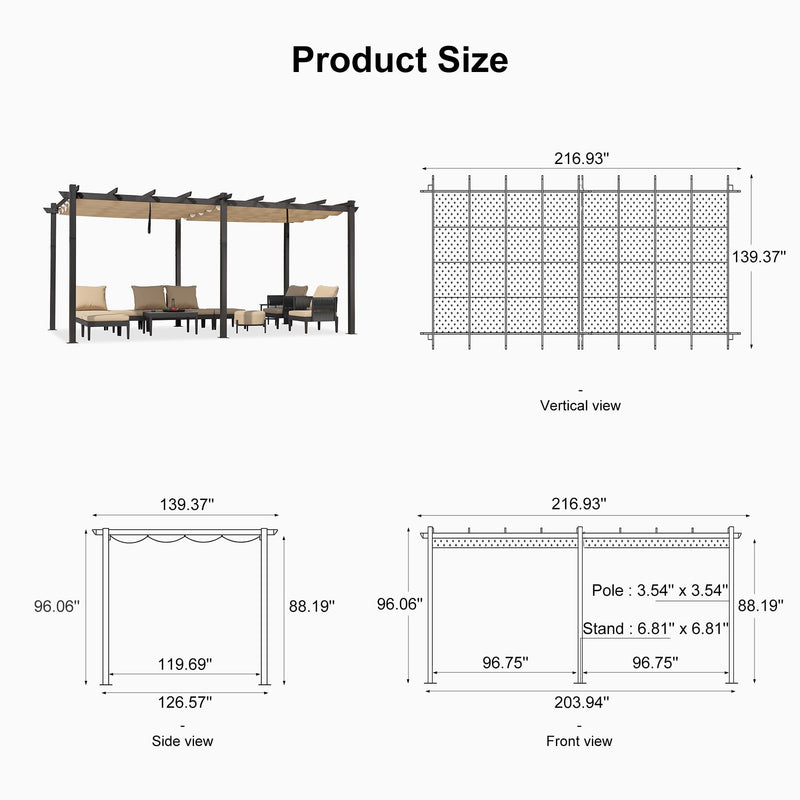 PURPLE LEAF 12' X 18' Outdoor Retractable Aluminum Pergola with Sun Shade Canopy Patio Metal Porch Garden Pavilion Grill Gazebo Modern Backyard Grape Trellis Pergola, Beige