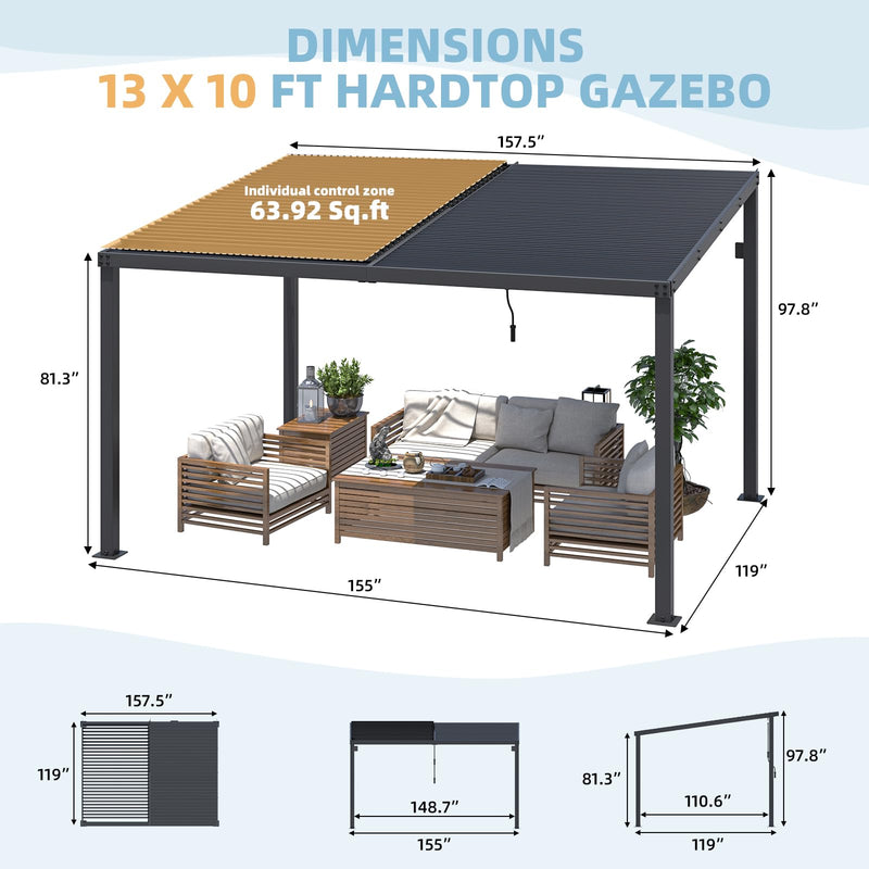 AECOJOY 13' x 10' Louvered Gazebo Pergola, 10x13 Outdoor Hardtop Wall-Mounted Lean to Gazebo with Adjustable Metal Rainproof Patio Roof, Pergolas and Gazebos Clearance, Heavy Duty Awnings for Patio
