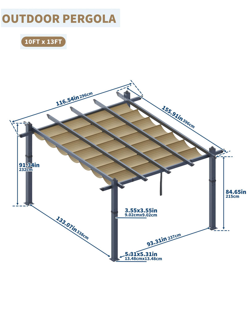 Garvee 10x13 Ft Aluminum Pergola with Retractable Canopy Metal Gazebo for Modern Backyard Deck Porch Grape Trellis(Khaki)