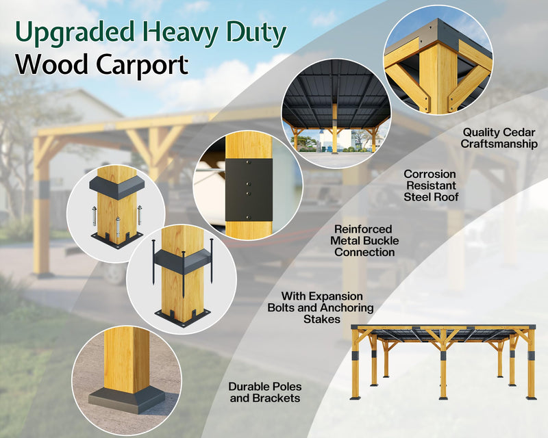 Jocisland 20x20x9.2 FT Cedar Wood Carport with Sloped Galvanized Steel Roof, Heavy Duty Outdoor Shelter for 2 Cars, Trucks, Boats & Tractors, Wind & Snow Resistant Pitch Roof Design