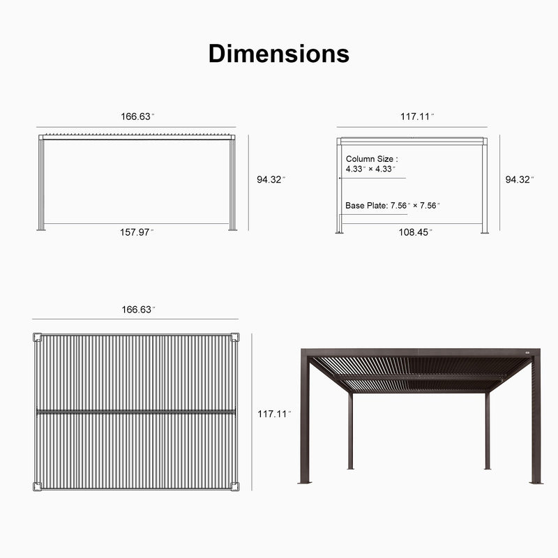 PURPLE LEAF Outdoor 10' × 14' Louvered Pergola with Roller Blinds Patio Adjustable Aluminum Canopy Retractable Metal Roof for Deck Outside Backyard Hardtop Gazebo Sun Shade, 2 Short and 1 Long Side