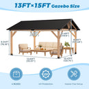 LVUYOYO 13' x 15' Wood Gazebo, Outdoor Hardtop Gazebo, Galvanized Steel Gable Roof Pergola, Outdoor Pavilion for Patio, Backyard, Garden, Deck