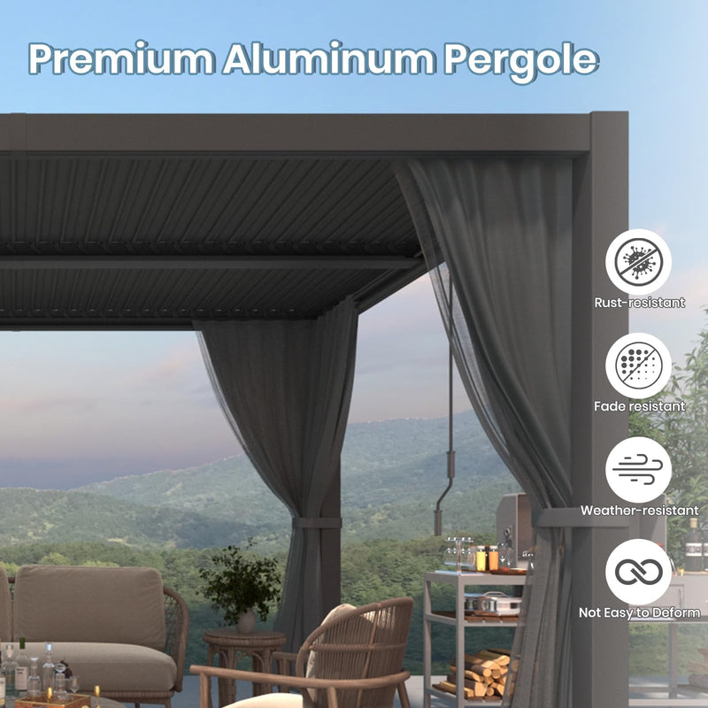 10'×13' Outdoor Louvered Pergola, Aluminum Outdoor Louvered Pergola Patio with Adjustable Roof for Outdoor Deck, Backyard, Garden (10x13FT with Curtain)