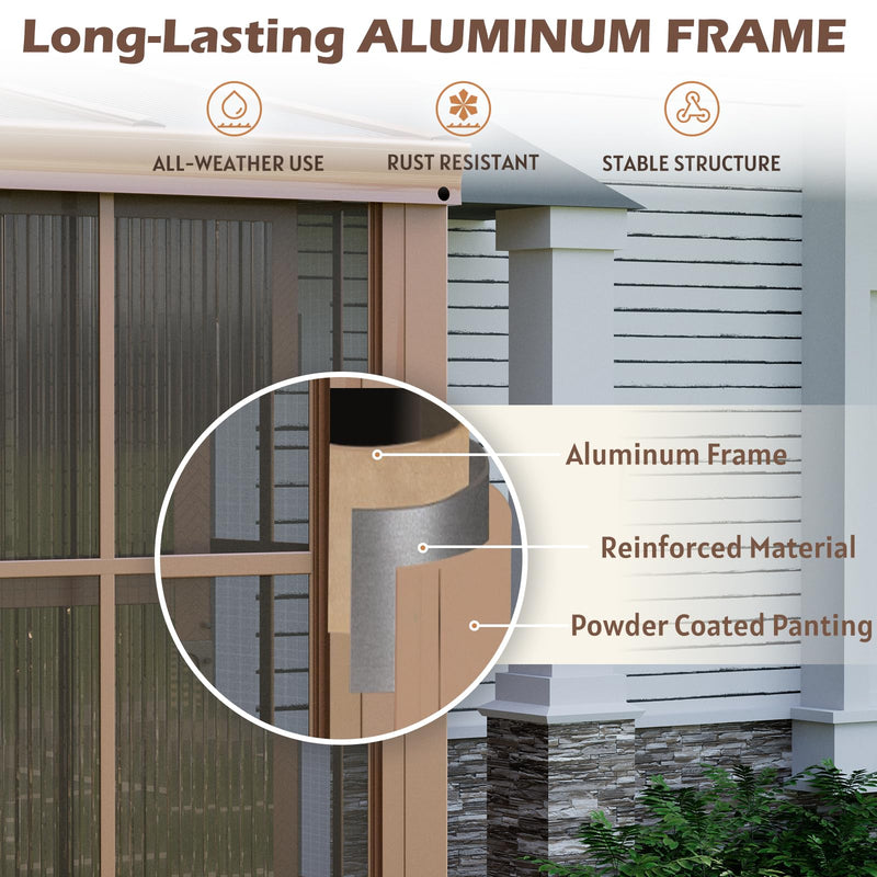 EROMMY 10' x 16' Sunroom, Wall Mounted Gazebo Solarium with Drainage Trough, Polycarbonate Roof, Lean to pergola for Garden, Permanent Sun Room with Lockable Sliding Doors, Brown