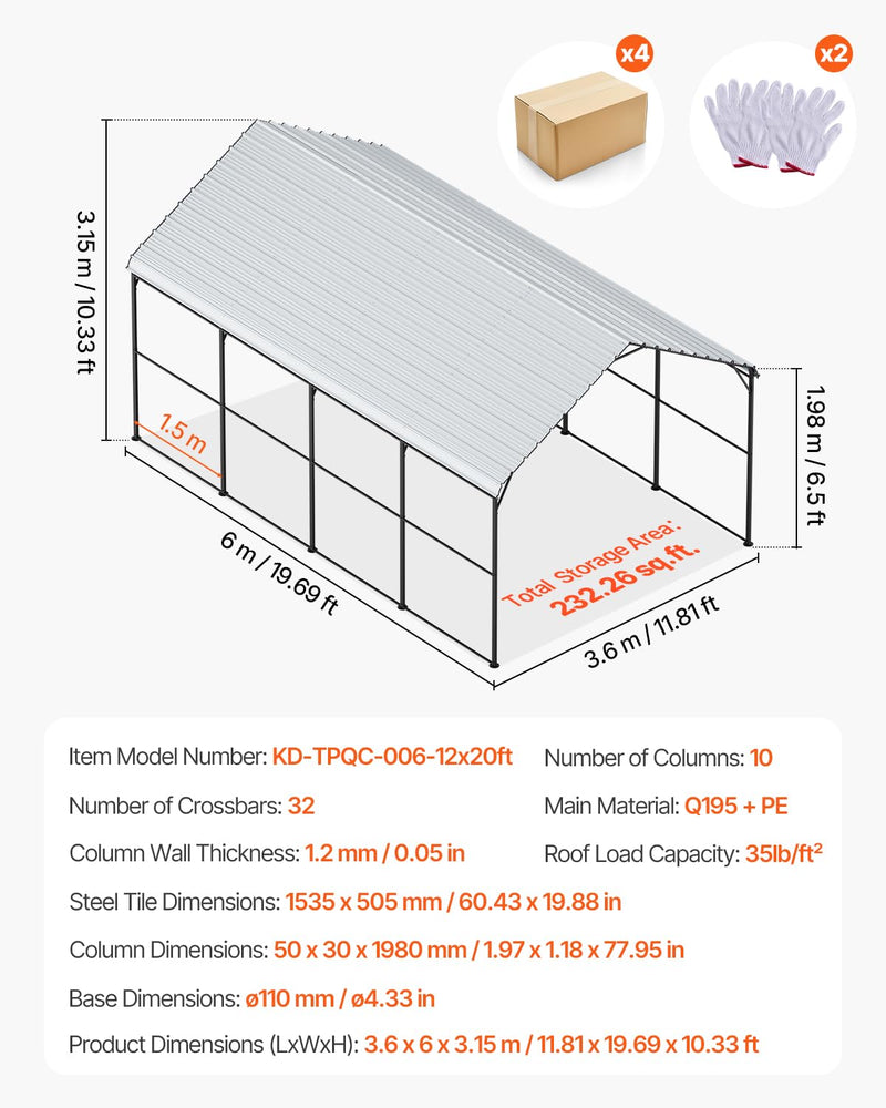 VEVOR Heavy Duty Metal Carport, 12' x 20' Outdoor Carport with Galvanized Steel Frame & Roof, Car Tent Garage Shade with Removable Sidewalls, Multi-Use Car Shelter for Pickup, Boat, Car & Tractors