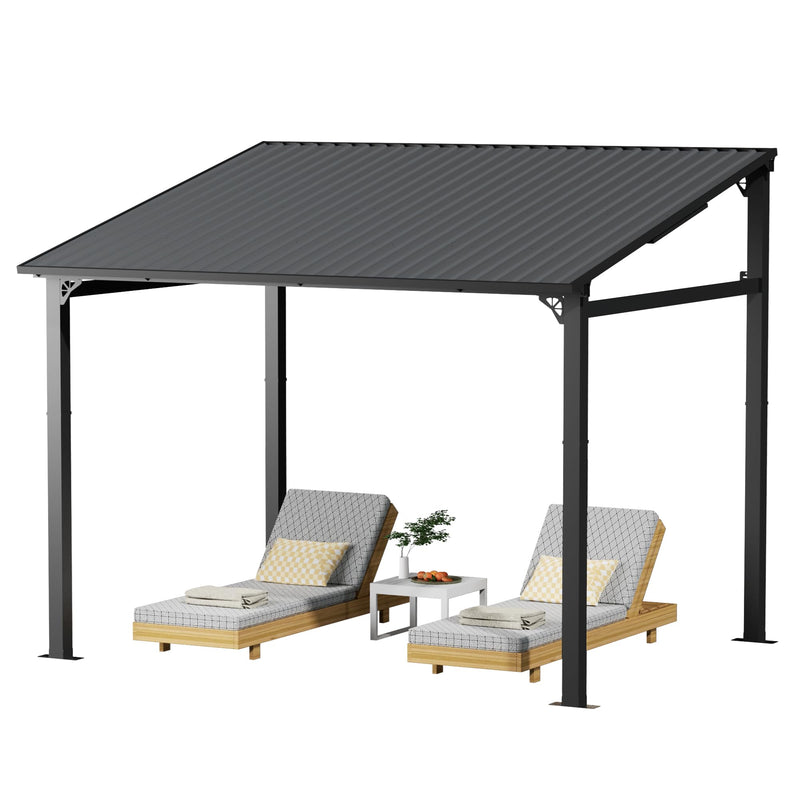 EBE 10' x 8' Hardtop Gazebo, Lean to Gazebos Outdoor Pergola with Galvanized Steel Roof, Wall Mounted Gazebo Pergola, Metal Awning for Patio, Decks, Backyard