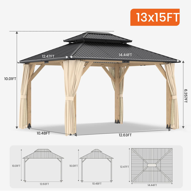 13’x15’ Outdoor Wooden Gazebo - Outdoor Patio Gazebo with Galvanized Steel Double Roof, Cedar Wooden Frame Pavilion with Netting and Curtains, Pergolas for Garden, Lawn, Poolside(13x15FT)