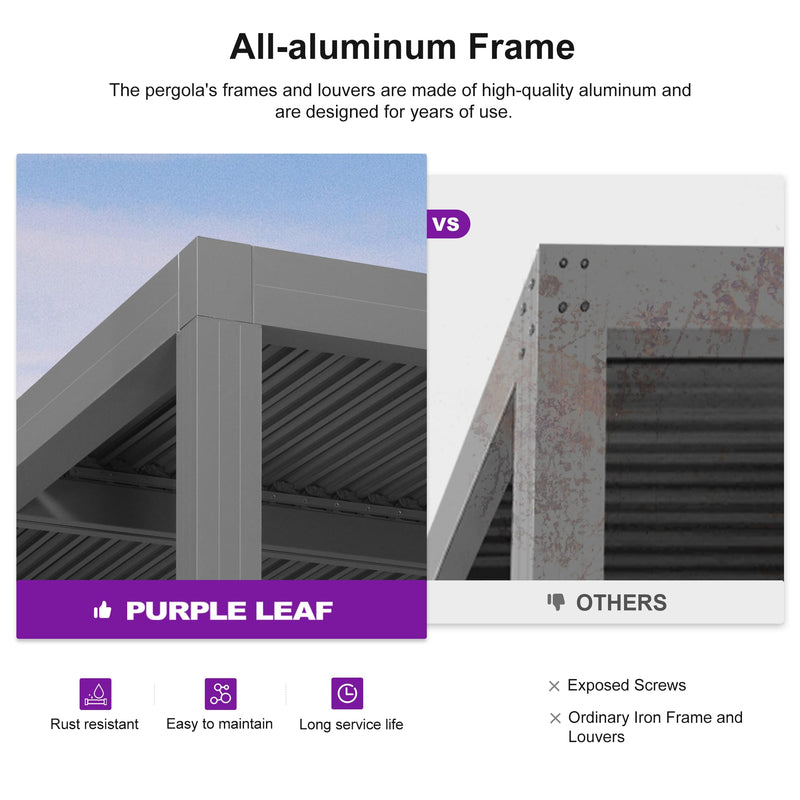 PURPLE LEAF Louvered Pergola 10' x 13' Outdoor Full Aluminum Pergola with Adjustable Rainproof Roof Modern Retractable Patio Hardtop Gazebo for Deck Backyard Garden Slate Grey