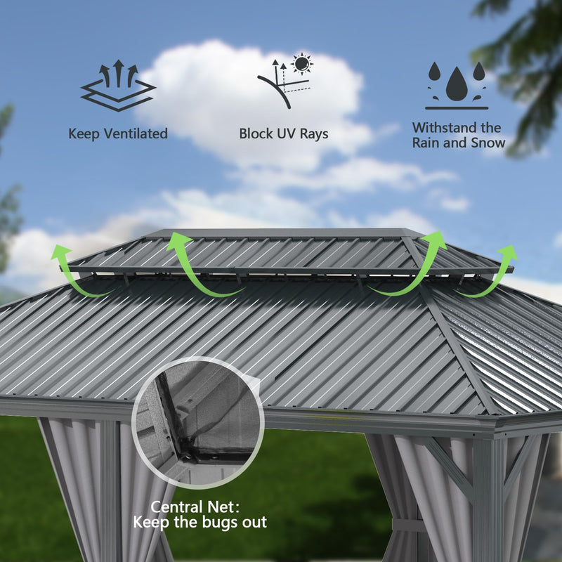 Domi 14x20FT Outdoor Gazebo, Hardtop Gazebo with Galvanized Steel Double Roof, Metal Gazebos with Drainage System Patio Pergola for Patio Deck Backyard,Curtain and Netting,Gray