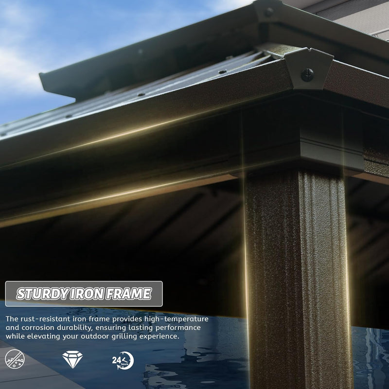 6x10FT Hardtop Grill Gazebo, Outdoor BBQ Gazebo with Double Galvanized Steel Roof, Patio Grill Canopy with 2 Storage Cabinets and Ceiling Hooks for Backyard, Lawn, Garden,Brown