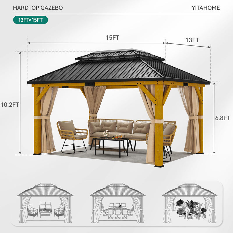 YITAHOME 13X15FT Wood Gazebo Outdoor Wooden Frame Double Roof Hardtop Galvanized Steel Top Canopy w/Curtain and Netting, Patio Heavy Duty Gazebo for Deck, Backyard, Beige Yellow