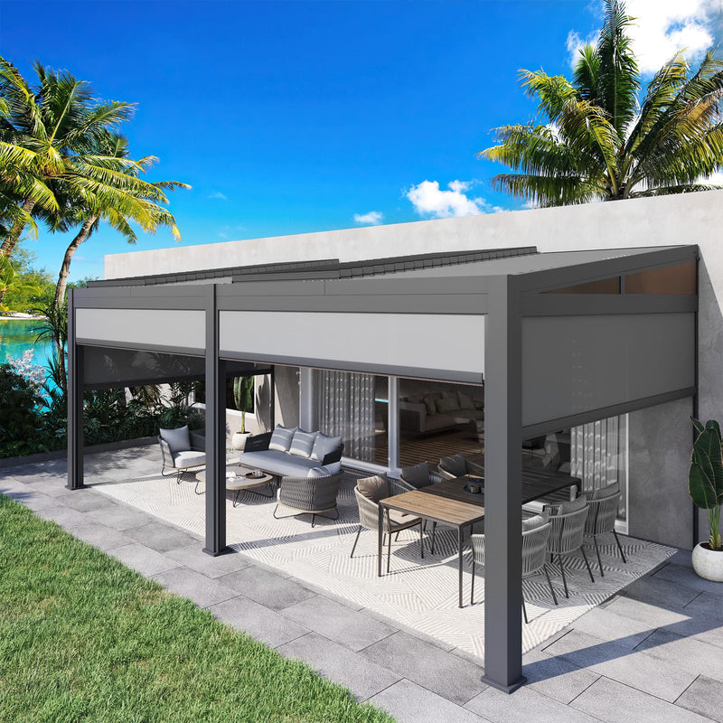 MELLCOM Louvered Pergola with Screen 10x20, Wall-Mounted Adjustable Pergola, Lean to Aluminum Gazebo with 4 Pull-Down Screen Sides and Adjustable Roof for Backyard, Dark Gray