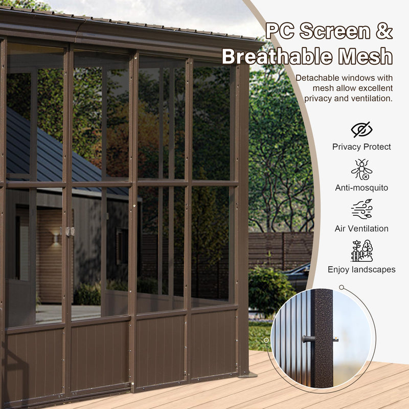 Domi 8x12FT Sun Room, Wall Mounted Gazebo Solarium with Galvanized Steel Sloping Roof, Moveable PC Screen, Front Door & 2 Side Entrance, Outdoor Aluminum Lean-to Sunroom for Patio Deck