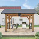 AMERLIFE Solid Wood Gazebo, Hardtop Gazebo with Metal Steel Gable Roof with Guest House for Garden, Porch, Patio, Black + Natural Wood (9 x10FT)