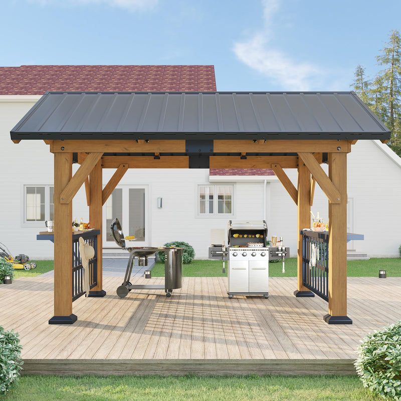 AMERLIFE Solid Wood Gazebo, Hardtop Gazebo with Metal Steel Gable Roof with Guest House for Garden, Porch, Patio, Black + Natural Wood (9 x10FT)