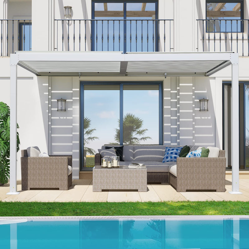 BPS 13 x 10 ft. Outdoor Aluminum Wall Mounted Louvered Pergola Waterproof Gazebo Sun Shade Shelter with 2 Adjustable Rainproof Panels for Patio, Garden, Backyard Lawn & Garden - White