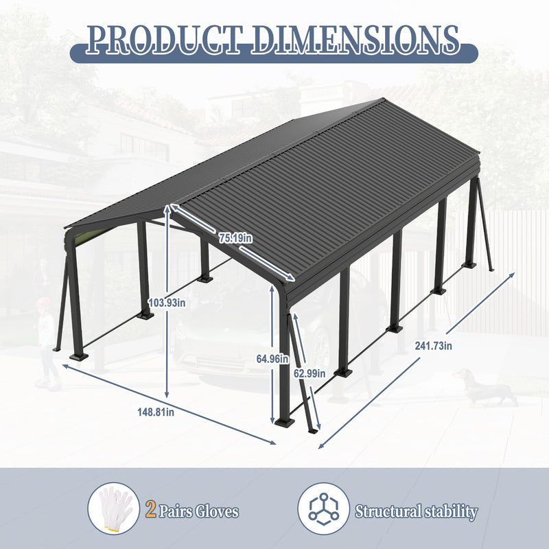 12x20 FT Metal Carport, Heavy Duty Car Port Canopy with Galvanized Steel Roof & Frame, Large Metal Carport Kit, Outdoor Car Garage, Steel Car Shelter for Car, Boat, Truck, Dark Gray