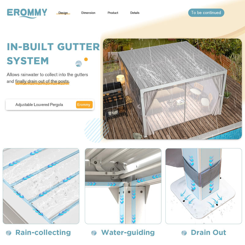 EROMMY 10x10FT Louvered Pergola Outdoor Sun Shade Shelter with Aluminum Frame and Adjustable Metal Rainproof Roof for Garden & Patio, Curtains and Netting Included, White