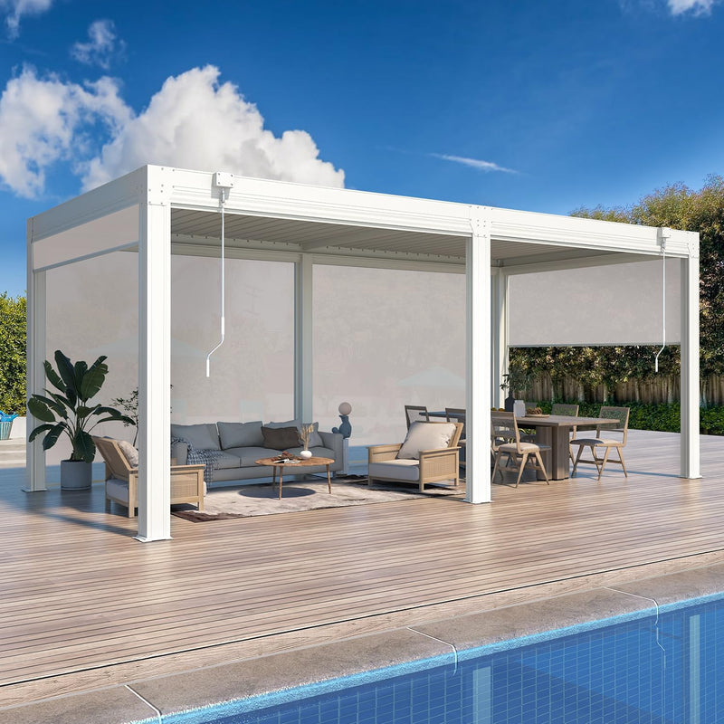 MELLCOM 10x20FT Louvered Pergola with 6-Panel Pull-Down Screen, Aluminum Pergola with Adjustable Rainproof Roof for Patio, Lawn & Garden, White
