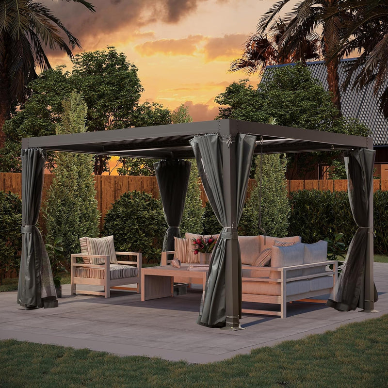 10' × 10' Louvered Pergola, Outdoor Aluminium Canopy with Adjustable Roof Curtains and Netting for Patio, Deck, Garden, Yard, Beach. (Black)