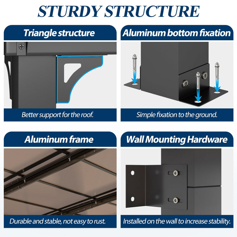 COVERONICS 12' X 20' Outdoor Polycarbonate Lean to Gazebo - Wall-Mounted Aluminum Frame Gazebo with Slope Hardtop, Patio Heavy-Duty Lean to Pergola with Netting & Curtains for Garden, Backyard, Deck