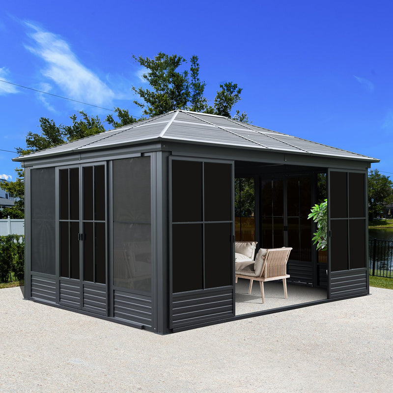 Domi 12x15FT Outdoor Sunroom, All-Season Solarium Gazebo with Galvanized Steel Roof, 4 Sliding Doors, Detachable PVC Screen, Aluminum Permanent Sun Room for Patio Deck Garden