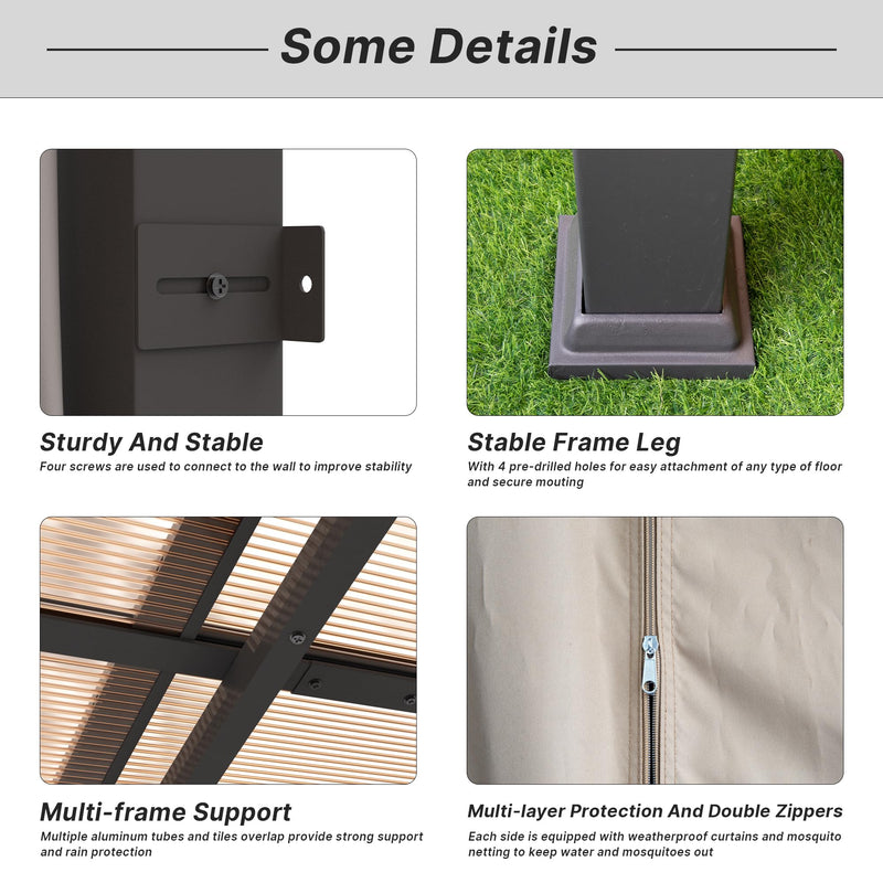 Gotland 10FTx12FT Outdoor Wall-Mounted Hardtop Pergola, Metal Frame Gazebo with Sloping Sun Panel Roof and Double Curtains for Patio, Garden, Lawn, Khaki