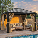 YITAHOME 10X12FT Hardtop Metal Gazebo Single Top Outdoor Patio Canopy Galvanized Iron Aluminum Column Garden Tent Curtains Netting for Backyards Decks Lawns,Brown