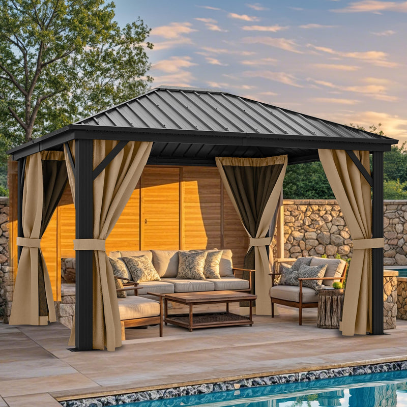 YITAHOME 10X12FT Hardtop Metal Gazebo Single Top Outdoor Patio Canopy Galvanized Iron Aluminum Column Garden Tent Curtains Netting for Backyards Decks Lawns,Brown