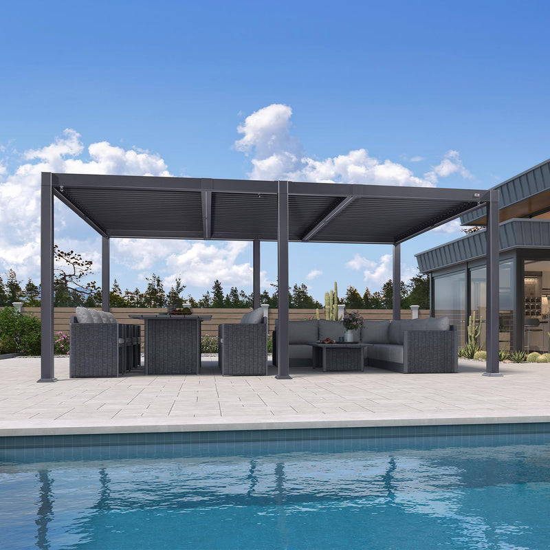 PURPLE LEAF LED Louvered Pergola 92KS 11.5' x 17.5' with Integrated Strip Lights Aluminum Independent Adjustable Rainproof Roof Hardtop Gazebo for Patio Deck Garden Yard Gray