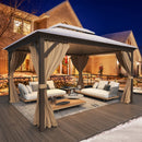 YOLENY 12' x 14' Hardtop Gazebo, Galvanized Steel Metal Double Roof Aluminum Frame Gazebo with Curtain and Netting, Permanent Pavilion Pergola for Outdoor, Patio, Garden, Lawn, Pool Side, Brown