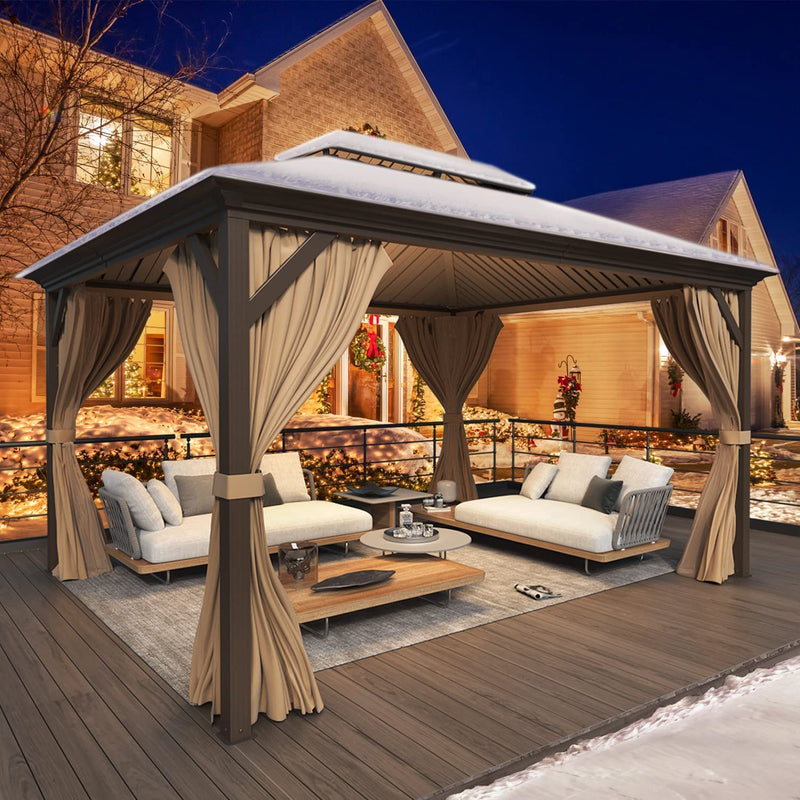 YOLENY 12' x 14' Hardtop Gazebo, Galvanized Steel Metal Double Roof Aluminum Frame Gazebo with Curtain and Netting, Permanent Pavilion Pergola for Outdoor, Patio, Garden, Lawn, Pool Side, Brown