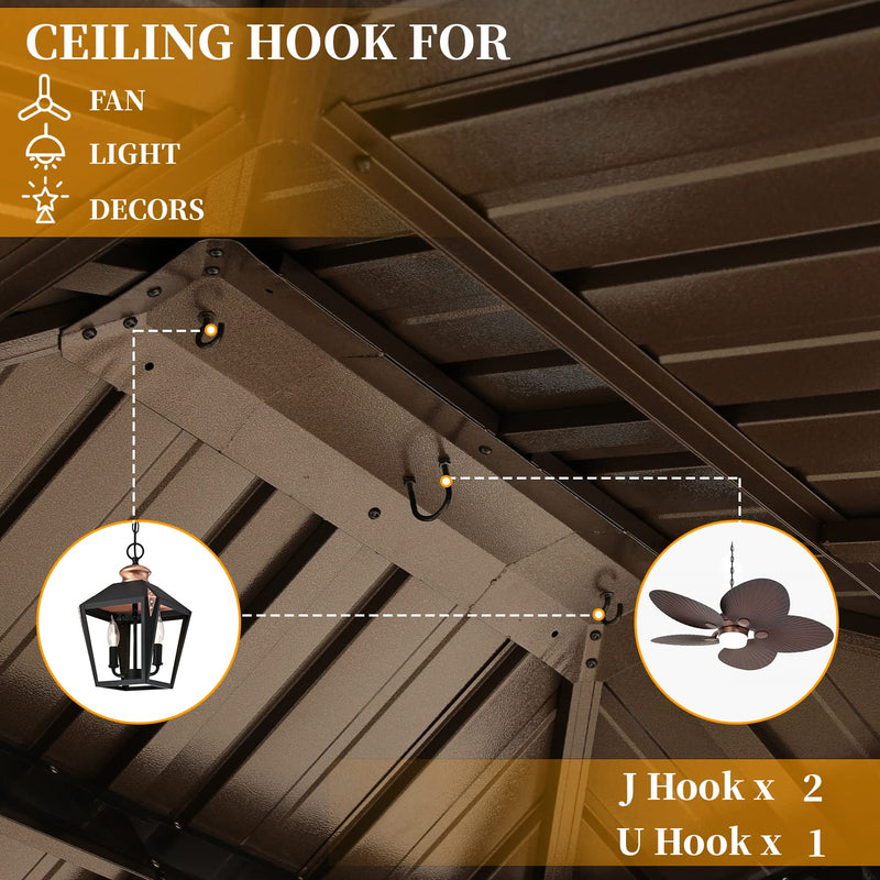 YOLENY 12' x 14' Hardtop Gazebo, Galvanized Steel Metal Double Roof Aluminum Frame Gazebo with Curtain and Netting, Permanent Pavilion Pergola for Outdoor, Patio, Garden, Lawn, Pool Side, Brown