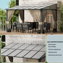 ASJMR 10x12FT Gazebo, Hardtop Wall Mounted Gazebo with Sloping Sun Panel Roof, Awnings for Patio with Metal Frame, Double Curtains for Garden, Lawn, Backyard Deck, Sand