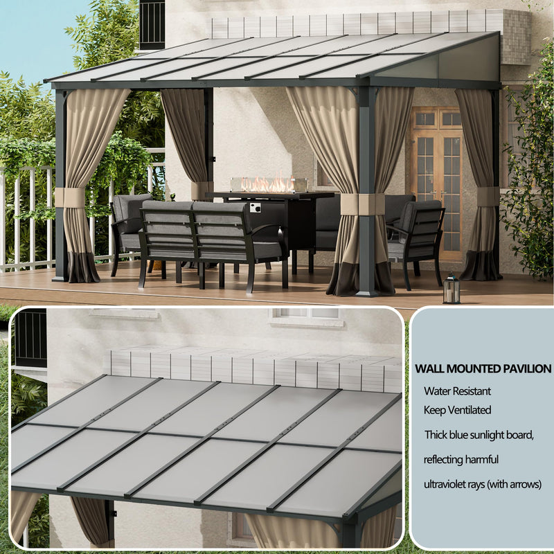 ASJMR 10x12FT Gazebo, Hardtop Wall Mounted Gazebo with Sloping Sun Panel Roof, Awnings for Patio with Metal Frame, Double Curtains for Garden, Lawn, Backyard Deck, Sand