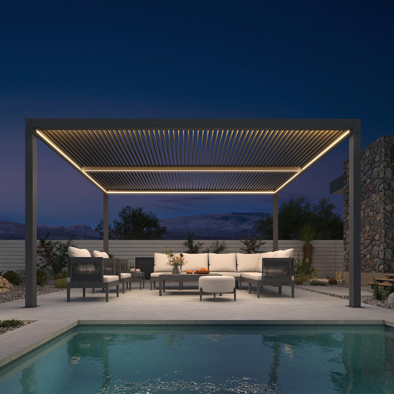 PURPLE LEAF LED Louvered Pergola 11'x 14' Full Aluminum Frame and Adjustable Roof Integrated Strip Lights for Outdoor Deck Garden Patio Gray Hardtop Gazebo Pergola