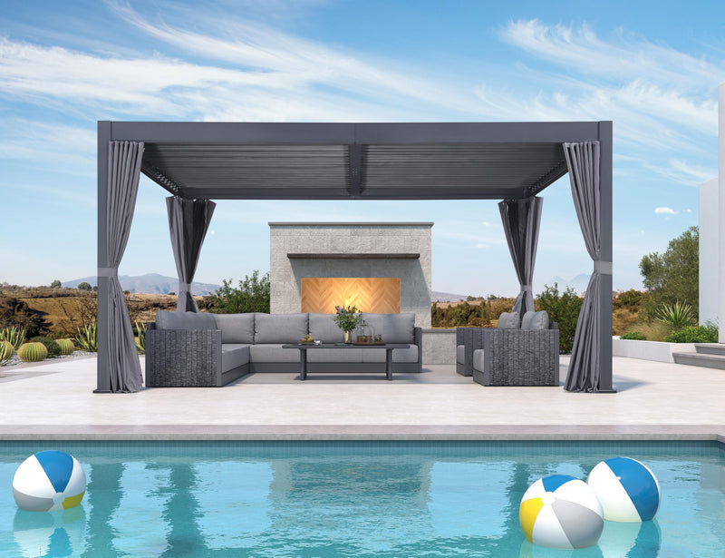 PURPLE LEAF Louvered Pergola 12' x 16' Outdoor Aluminum Modern Gray Pergola with Privacy Curtains and Mesh Netting Adjustable Louvered Roof Durable All-Weather Gazebo