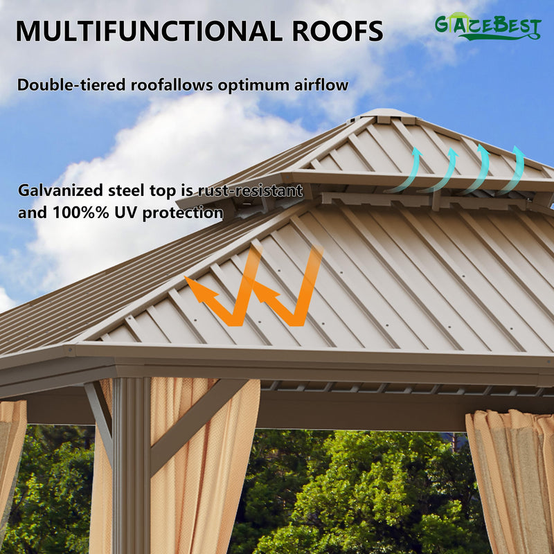 GAZEBEST 10x10 ft Hardtop Gazebo Outdoor Aluminum Patio Gazebo Double Roof Galvanized Steel Canopy with Netting and Curtains for Garden, Backyard,Deck and Lawns