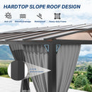 Gotland 10FTx24FT Outdoor Wall-Mounted Hardtop Pergola, Metal Frame Gazebo with Sloping Sun Panel Roof and Double Curtains for Patio, Garden, Lawn, Grey