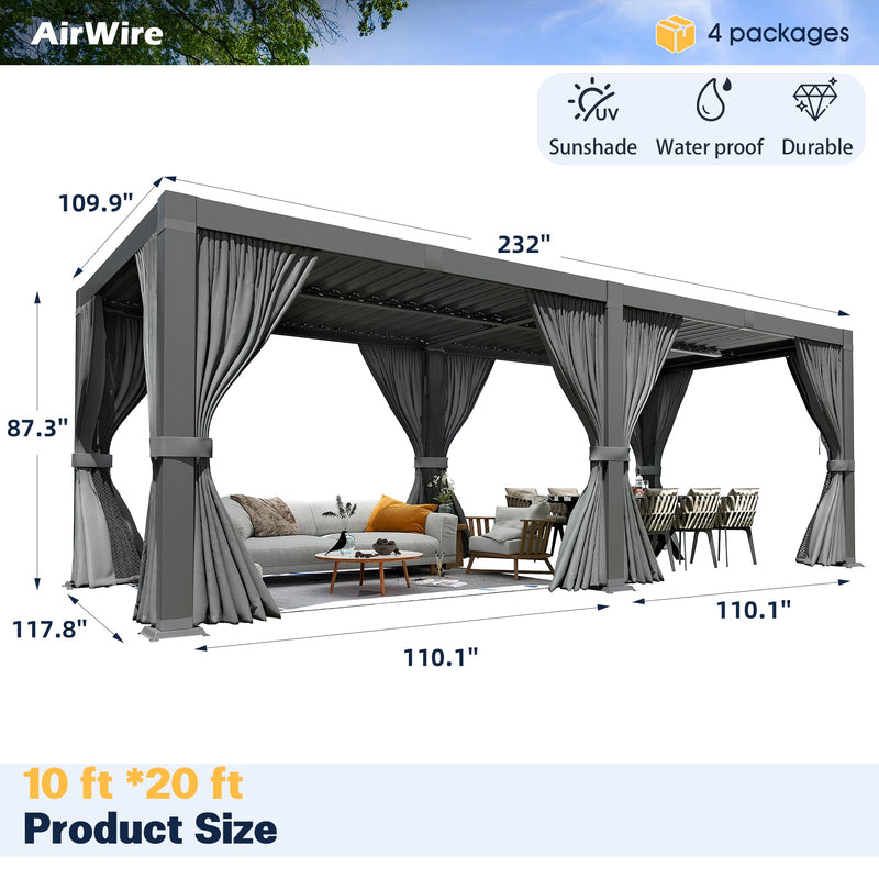 Airwire Pergola 10x20 Ft Louvered Pergola Aluminum Outdoor Pergolas W/Adjustable Roof, Waterproof Curtains and Nets Outdoor Gazebo for Deck,Patio,Backyard and Garden