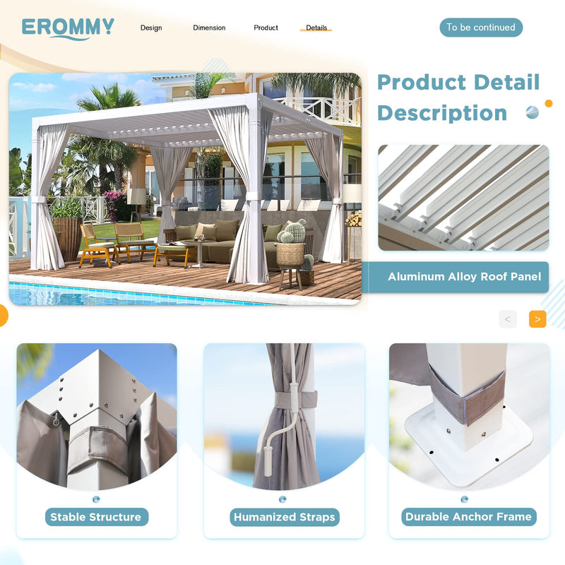 EROMMY 10x10FT Louvered Pergola Outdoor Sun Shade Shelter with Aluminum Frame and Adjustable Metal Rainproof Roof for Garden & Patio, Curtains and Netting Included, White